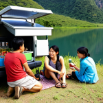 A serene camping scene set in a picturesque Vietnamese landscape, like a lake-side spot or mountain clearing. A group of friends or a young family, looking relieved and content, gather around a modern portable compressor fridge. The fridge is open, revealing perfectly chilled drinks and fresh produce. Nearby, a portable power station and a compact solar panel are discreetly placed, symbolizing reliable, off-grid power. The image evokes a feeling of comfort, convenience, and a worry-free outdoor adventure, highlighting how essential cold provisions are for a successful trip under the sun.