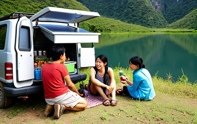 A serene camping scene set in a picturesque Vietnamese landscape, like a lake-side spot or mountain clearing. A group of friends or a young family, looking relieved and content, gather around a modern portable compressor fridge. The fridge is open, revealing perfectly chilled drinks and fresh produce. Nearby, a portable power station and a compact solar panel are discreetly placed, symbolizing reliable, off-grid power. The image evokes a feeling of comfort, convenience, and a worry-free outdoor adventure, highlighting how essential cold provisions are for a successful trip under the sun.