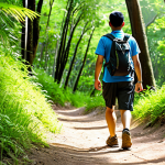A professional young adult hiker, fully clothed in lightweight, breathable technical hiking apparel including a moisture-wicking t-shirt and hiking shorts, with a small daypack, comfortably walking on a well-maintained dirt path. The focus is on their modern, lightweight hiking shoes with a flexible sole, demonstrating ease and comfort. The path winds through a sunny, lush green forest reminiscent of Vườn Quốc gia Cúc Phương, with sunlight dappling through the trees. Professional outdoor photography, natural pose, perfect anatomy, correct proportions, natural body proportions, well-formed hands, proper finger count, safe for work, appropriate content, family-friendly.