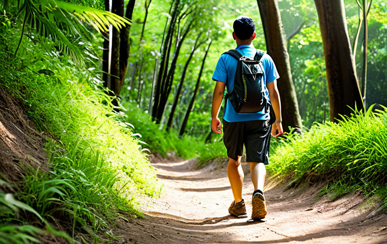 A professional young adult hiker, fully clothed in lightweight, breathable technical hiking apparel including a moisture-wicking t-shirt and hiking shorts, with a small daypack, comfortably walking on a well-maintained dirt path. The focus is on their modern, lightweight hiking shoes with a flexible sole, demonstrating ease and comfort. The path winds through a sunny, lush green forest reminiscent of Vườn Quốc gia Cúc Phương, with sunlight dappling through the trees. Professional outdoor photography, natural pose, perfect anatomy, correct proportions, natural body proportions, well-formed hands, proper finger count, safe for work, appropriate content, family-friendly.