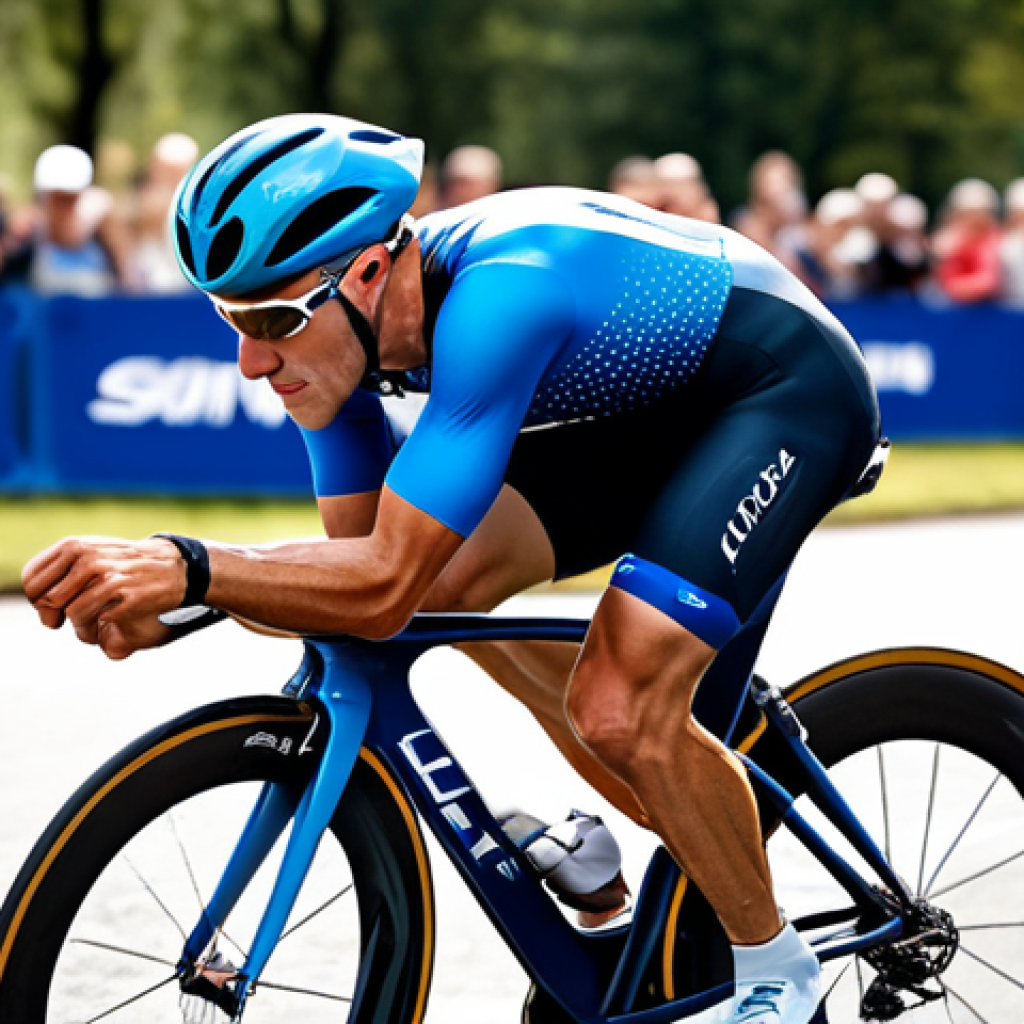 A determined male triathlete wearing a high-performance, fully clothed triathlon suit with an aerodynamic design, modest clothing, in a dynamic natural pose, transitioning from cycling to running, displaying fluidity and efficiency. The scene is set on an outdoor race course, with a blurred background showing the transition area and distant spectators. Showcase the quick-drying, breathable fabric texture, highlighting its compression zones. Professional photography, high quality, ultra-realistic, perfect anatomy, correct proportions, natural pose, well-formed hands, proper finger count, natural body proportions, safe for work, appropriate content, fully clothed, professional.