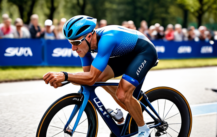 A determined male triathlete wearing a high-performance, fully clothed triathlon suit with an aerodynamic design, modest clothing, in a dynamic natural pose, transitioning from cycling to running, displaying fluidity and efficiency. The scene is set on an outdoor race course, with a blurred background showing the transition area and distant spectators. Showcase the quick-drying, breathable fabric texture, highlighting its compression zones. Professional photography, high quality, ultra-realistic, perfect anatomy, correct proportions, natural pose, well-formed hands, proper finger count, natural body proportions, safe for work, appropriate content, fully clothed, professional.
