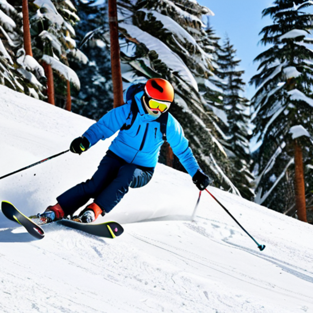 ** A skier, fully clothed in a modern, bright-colored ski suit, confidently gliding down a gentle, snow-covered slope at a Vietnamese ski resort, appropriate attire, safe for work, surrounded by pine trees, clear blue sky, perfect anatomy, natural pose, family-friendly, professional photography, high quality. **
