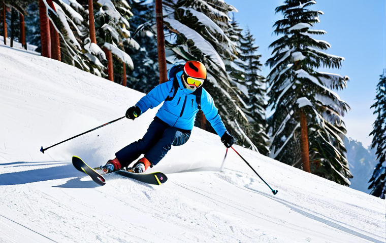 ** A skier, fully clothed in a modern, bright-colored ski suit, confidently gliding down a gentle, snow-covered slope at a Vietnamese ski resort, appropriate attire, safe for work, surrounded by pine trees, clear blue sky, perfect anatomy, natural pose, family-friendly, professional photography, high quality. **
