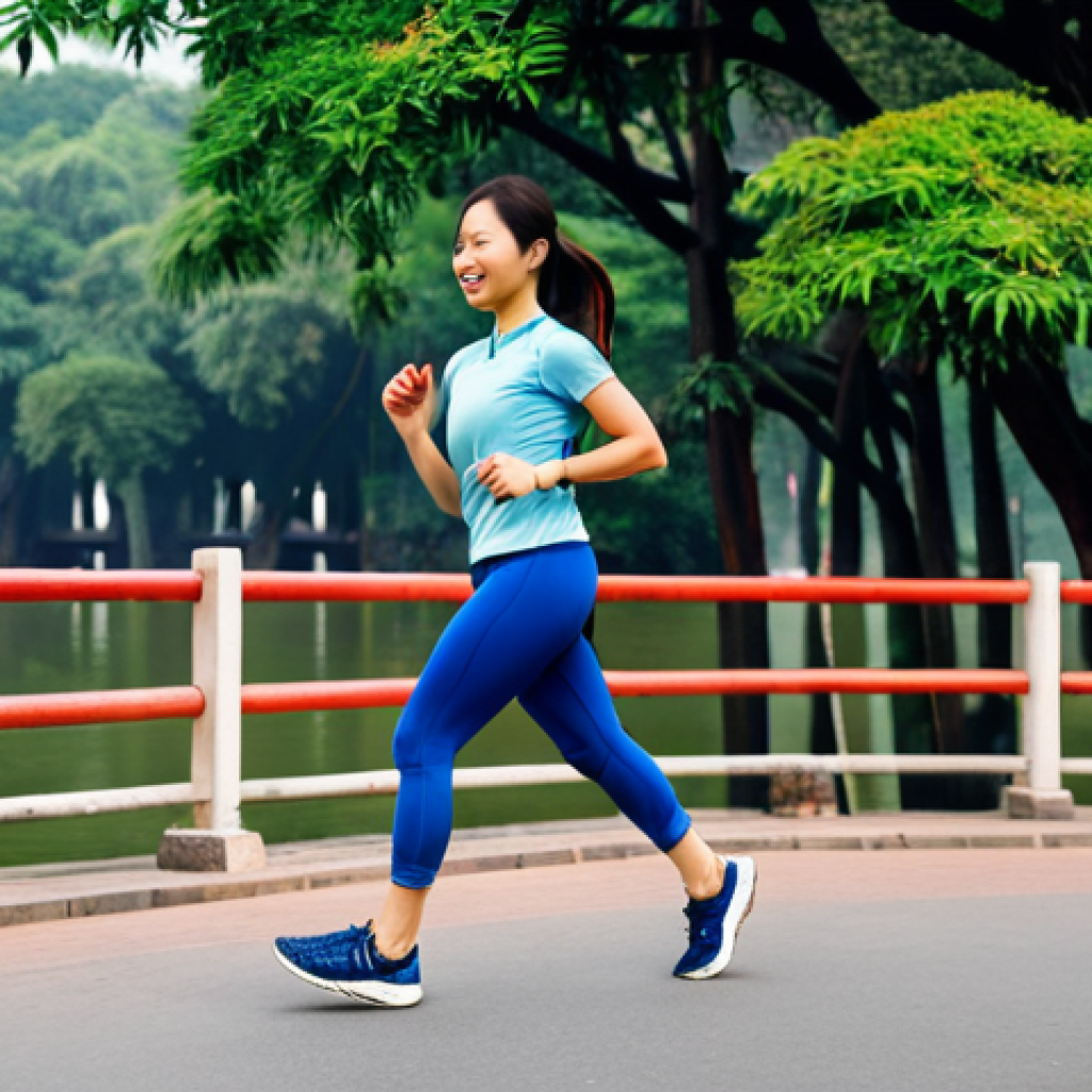 ** "A Vietnamese woman fully clothed in sporty attire, such as leggings and a moisture-wicking athletic top, jogging along Hoan Kiem Lake in Hanoi. The background features the iconic red bridge and lush greenery. Perfect anatomy, correct proportions, natural pose, professional photography, safe for work, appropriate content, fully clothed, family-friendly." **