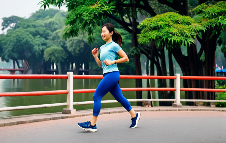 ** "A Vietnamese woman fully clothed in sporty attire, such as leggings and a moisture-wicking athletic top, jogging along Hoan Kiem Lake in Hanoi. The background features the iconic red bridge and lush greenery. Perfect anatomy, correct proportions, natural pose, professional photography, safe for work, appropriate content, fully clothed, family-friendly." **
