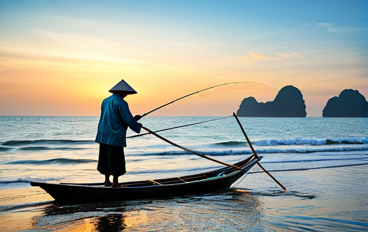 Coastal Fishing Scene** "A Vietnamese fisherman in traditional clothing, fully clothed, casting a long fishing rod into the ocean at sunrise, a small wooden boat nearby, modest attire, safe for work, perfect anatomy, natural proportions, professional photography, high quality. The background shows a vibrant Vietnamese coastal village." **