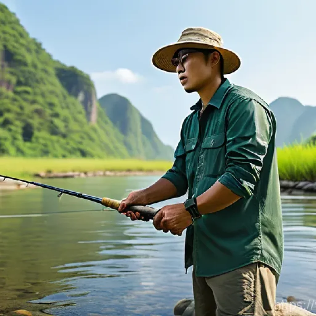 낚시 릴 가이드와 추천 모델 - **Dynamic Lure Casting with Advanced Guides** A Vietnamese male angler, approximately 25-35 year...