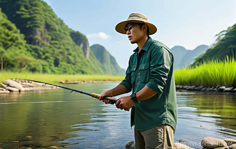낚시 릴 가이드와 추천 모델 - **Dynamic Lure Casting with Advanced Guides** A Vietnamese male angler, approximately 25-35 year...