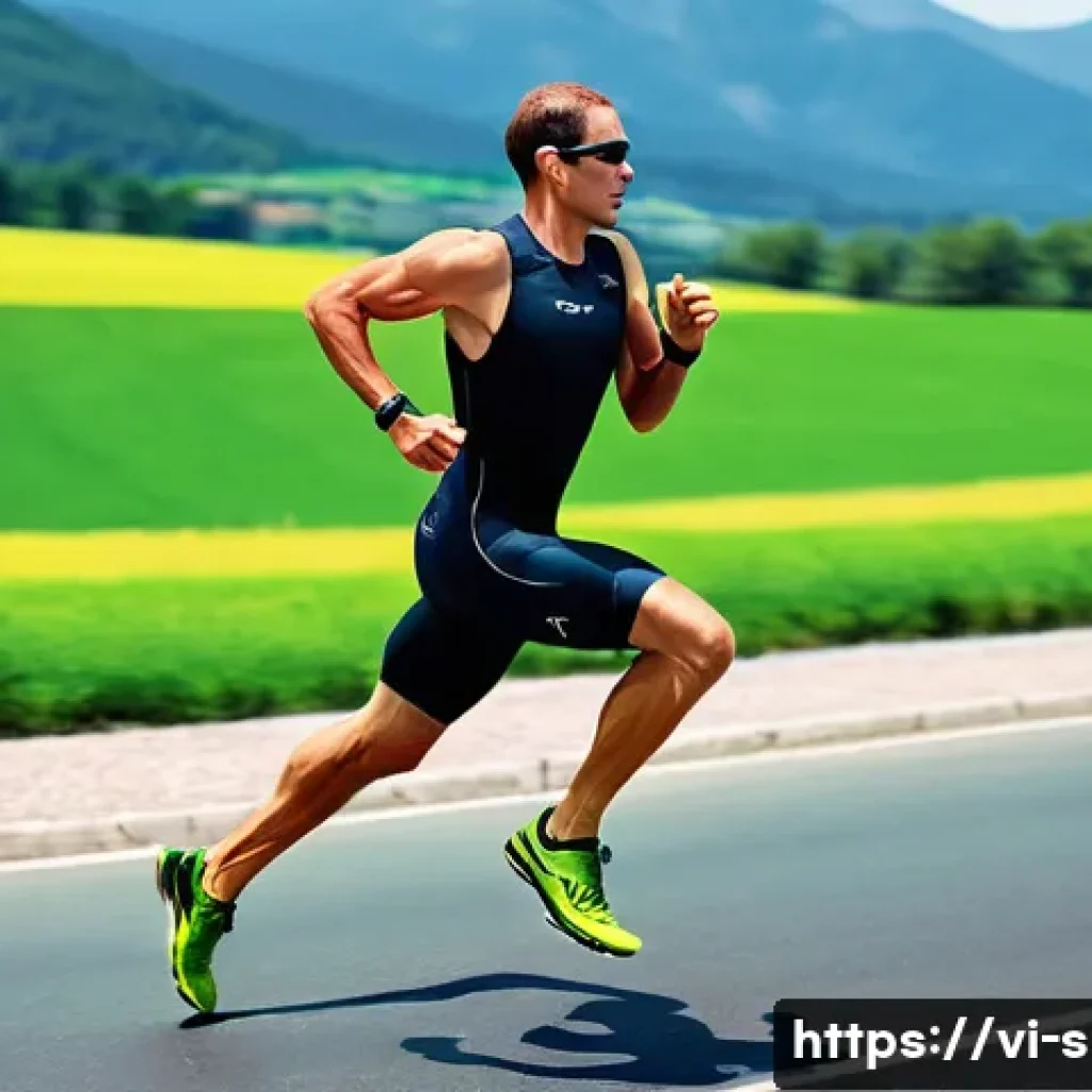 최고의 트라이애슬론 워치 - **Prompt 1: Dynamic Triathlon Run with Watch Focus** A determined male triathlete, mid-run durin...