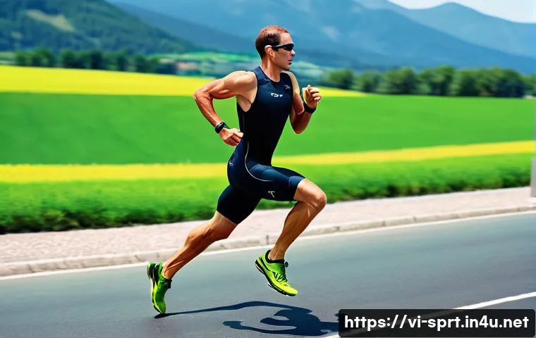 최고의 트라이애슬론 워치 - **Prompt 1: Dynamic Triathlon Run with Watch Focus** A determined male triathlete, mid-run durin...