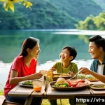Home 21 휴대용 접이식 캠핑 테이블 - **Prompt 1: Lakeside Family Feast** "A vibrant scene of a Vietnamese family, including parents a...
