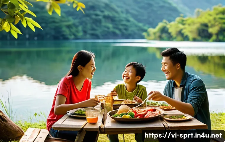 휴대용 접이식 캠핑 테이블 - **Prompt 1: Lakeside Family Feast** "A vibrant scene of a Vietnamese family, including parents a...
