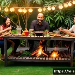 Home 18 야외 BBQ 그릴 성능 비교 - A traditional Vietnamese outdoor BBQ scene featuring a stainless steel charcoal grill with glowing e...