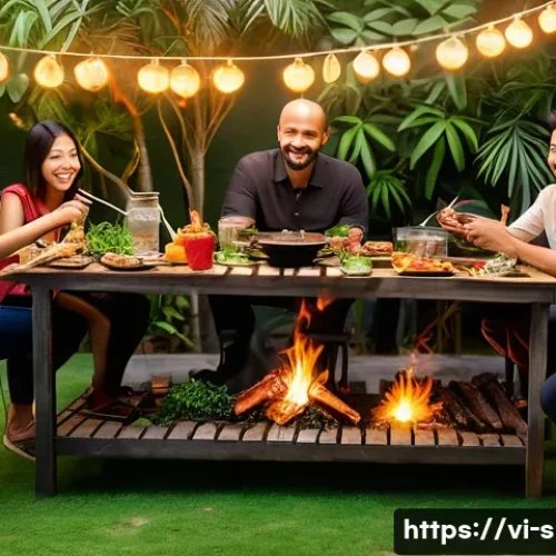 Home 30 야외 BBQ 그릴 성능 비교 - A traditional Vietnamese outdoor BBQ scene featuring a stainless steel charcoal grill with glowing e...