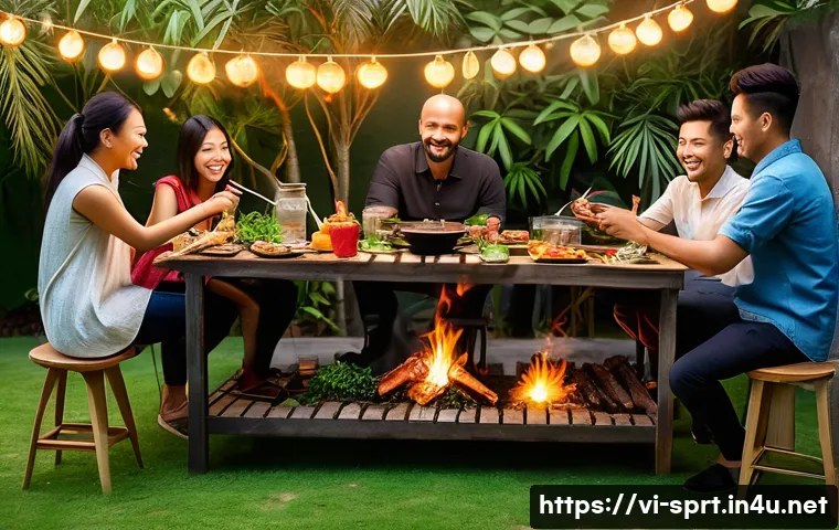 야외 BBQ 그릴 성능 비교 - A traditional Vietnamese outdoor BBQ scene featuring a stainless steel charcoal grill with glowing e...