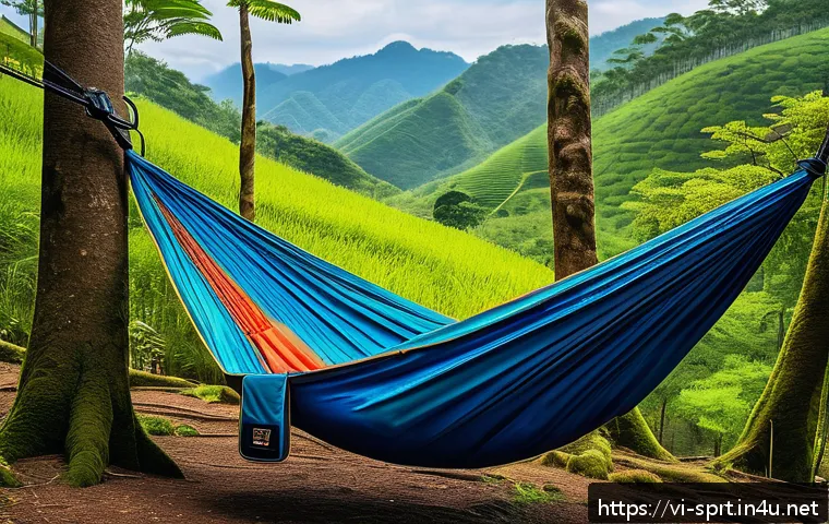 최고의 캠핑용 해먹 추천 - A lightweight camping hammock made of nylon fabric, hanging between two lush green trees in a Vietna...