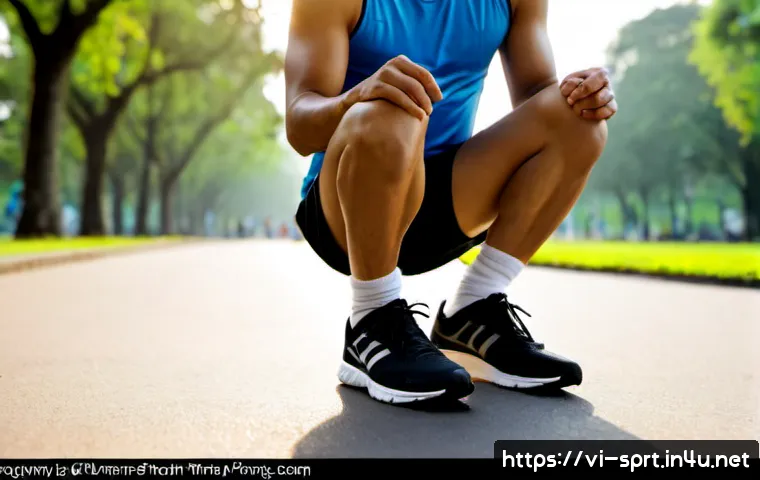 러닝 중 발목 보호대 사용법 - Photorealistic close-up of a Vietnamese recreational runner seated on a clean park bench, carefully ...