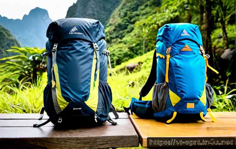 러닝 및 트레킹 배낭 추천 - Photorealistic outdoor gear comparison scene for running and trekking backpacks, two unbranded packs...