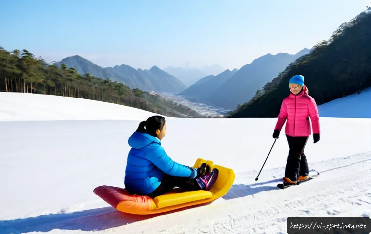겨울철 눈썰매 선택 가이드 - Photorealistic winter product comparison scene at a snowy mountain recreation area in northern Vietn...